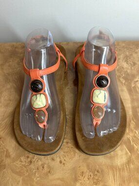 Vionic Coral Leather Thong Sandals Gemstone Embellished Comfort Size 8